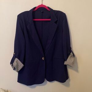 SHEIN Curve Navy Front Button Blazer + Button Cuff Pinstripe Sleeves [Size: 2XL]